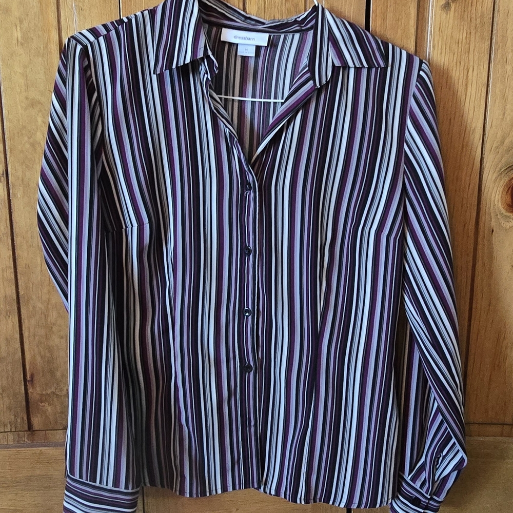 Woman's Dress Barn White W/ Black/Moroon Striped Button Down Shirt/Blouse/Top-M